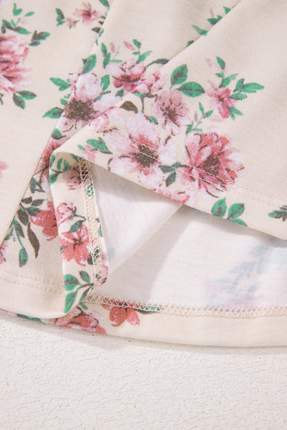 Chemisier ample à col en U plissé et imprimé floral rose