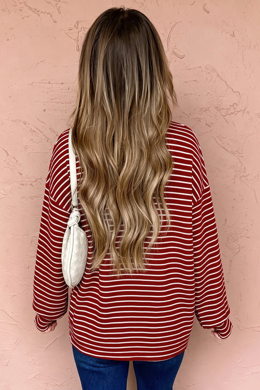 Red Stripe Drop Shoulder Long Sleeve Top