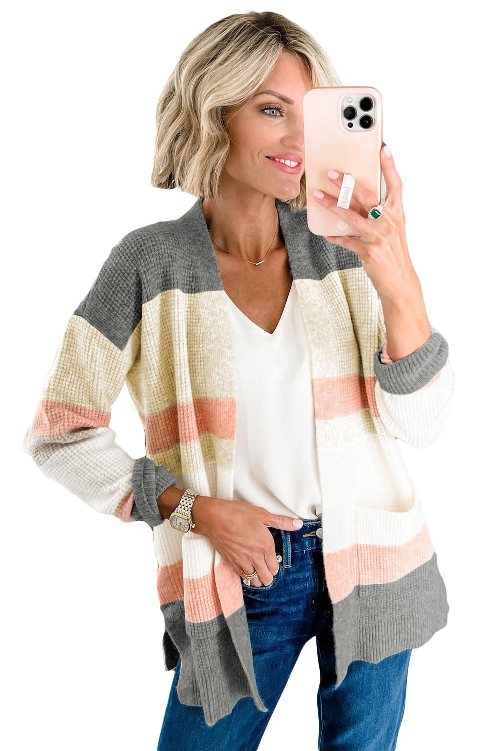 Cardigan ouvert à poches et rayures multicolores 