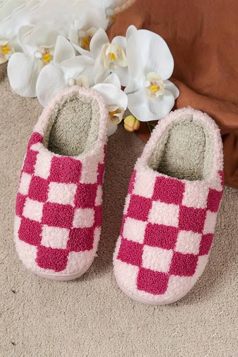 Fiery Red Checkered Print Fuzzy Slip On Winter Slippers