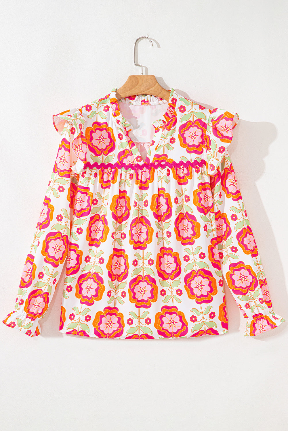 Rose Floral Printed Ruffled Long Sleeve Blouse