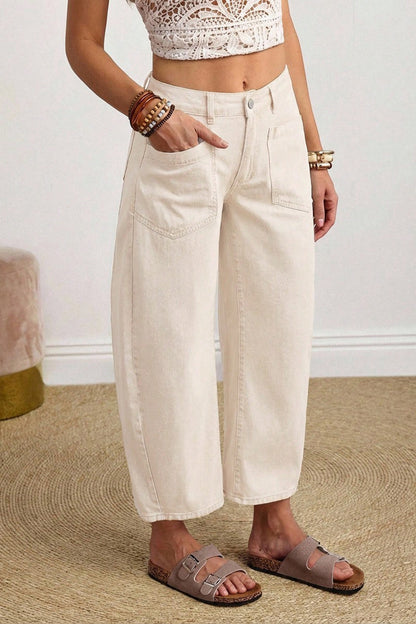 Beige Solid Color Square Patch Pocket Ankle-length Barrel Jeans