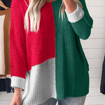 Evergreen Color Block Knit V Neck Loose Sweater