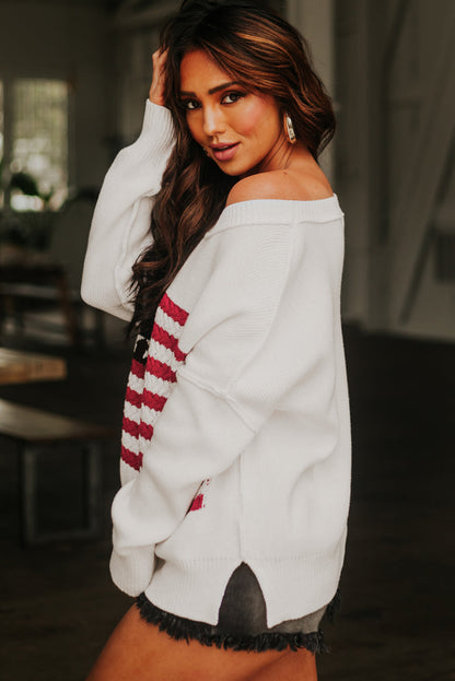 Pull blanc en maille torsadée à épaules tombantes avec drapeau américain