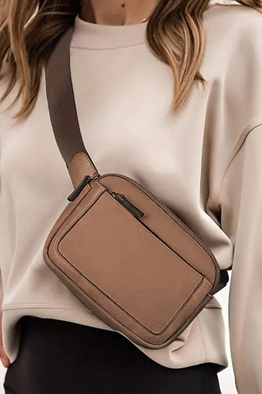 Bolso Bandolera Minimalista Camel Con Múltiples Cremalleras 