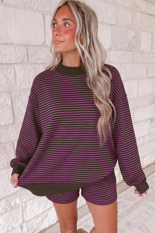 Brown Ribbed Patchwork Mock Neck Baggy Pullover Matching Shorts Set
