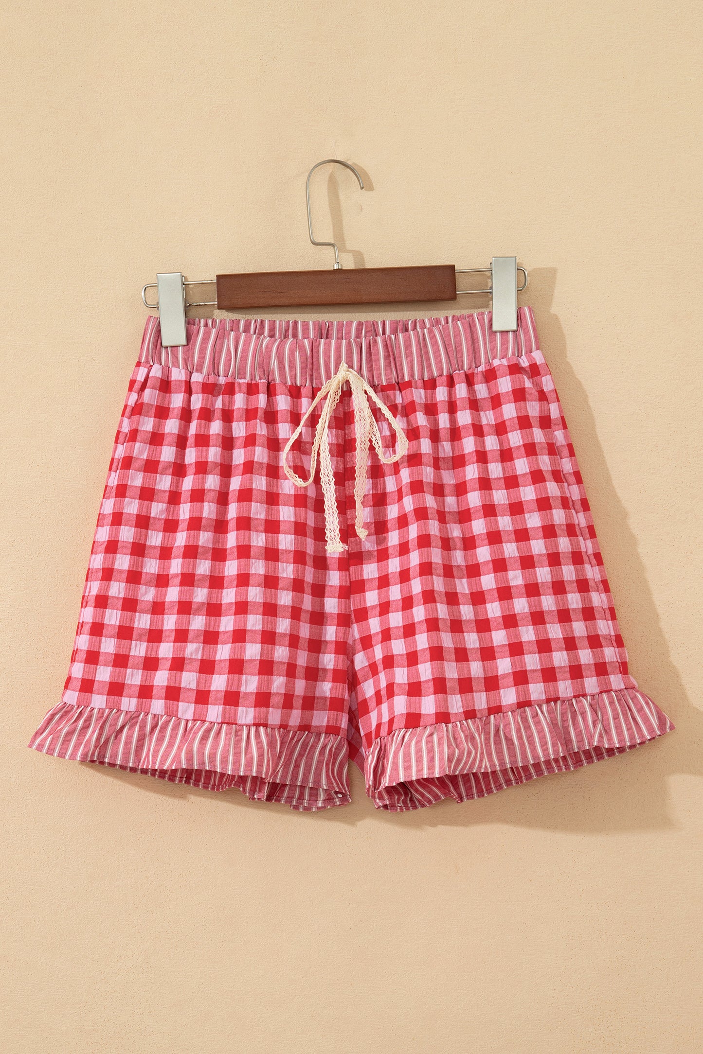 Pink Gingham Print Ruffle Striped Detail Lace Tie Shorts