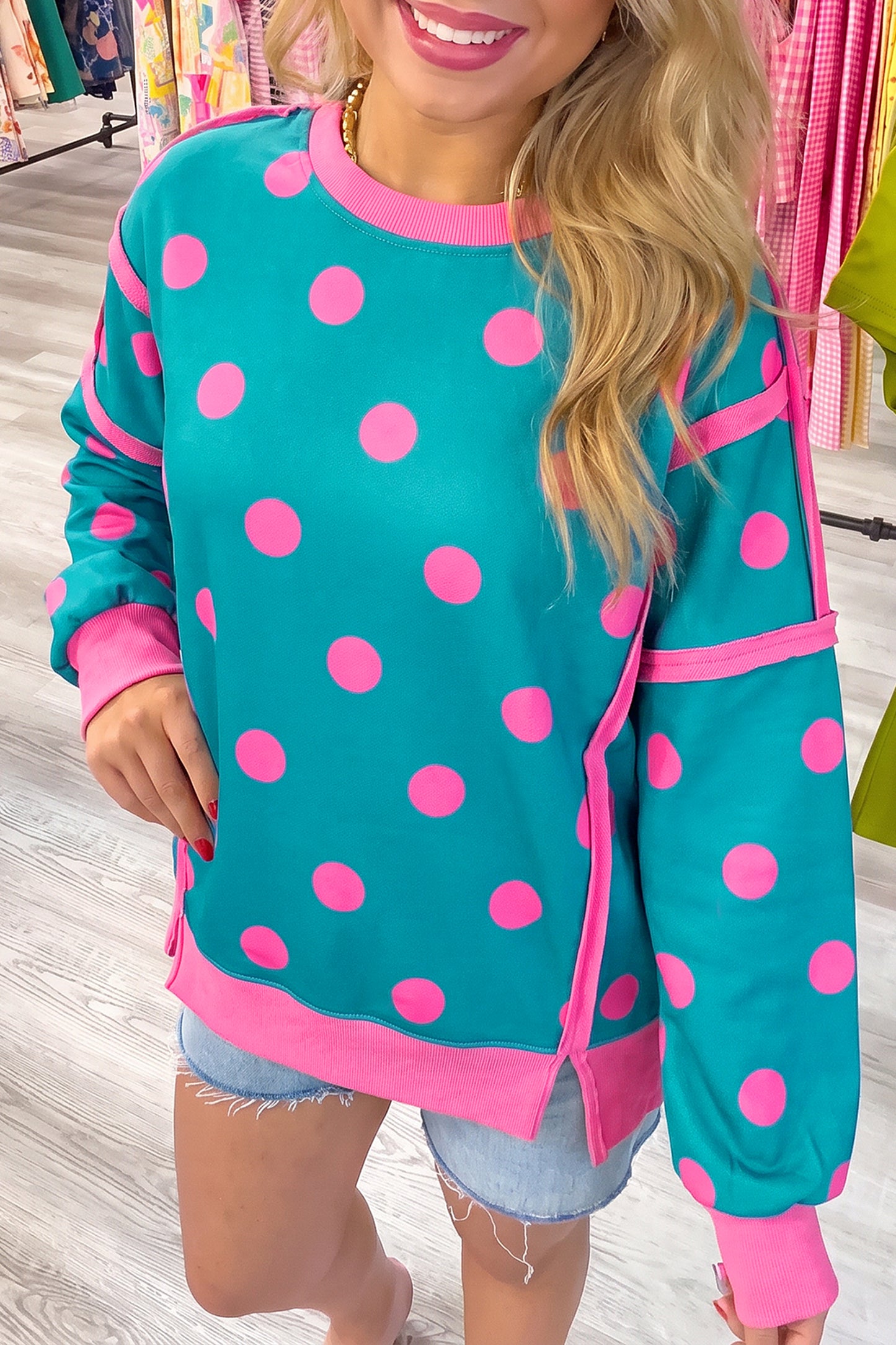 Blue Polka Dot Contrast Patchwork Round Neck Baggy Sweatshirt