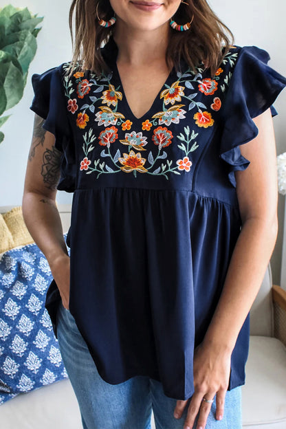 Dirty Blue V Neck Ruffled Sleeve Floral Embroidered Detail Babydoll Blouse