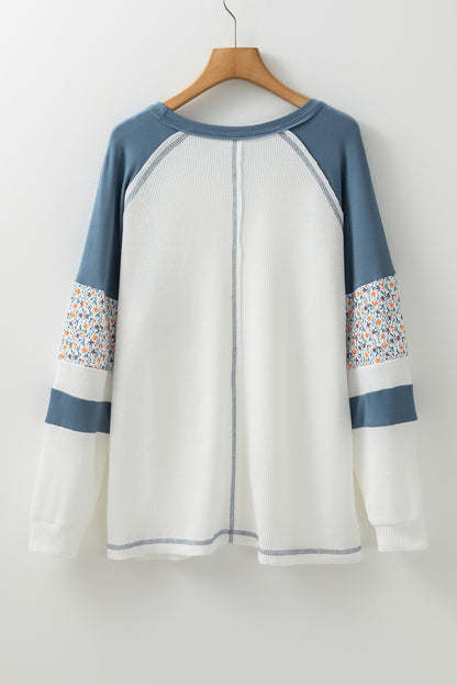 Haut raglan en maille gaufrée à motif patchwork floral blanc