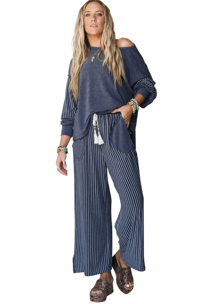 Real Teal Raw Seam Patchwork Long Sleeve Top Pocket Casual Pants 2pcs Set