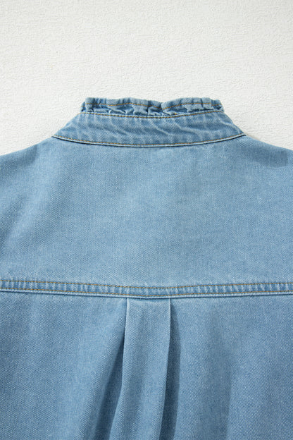Myosotis Frilled Detail Button Down Ruffle Short Sleeve Denim Mini Dress