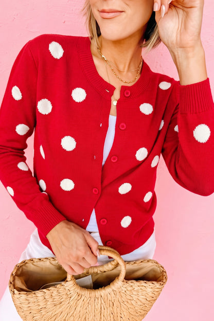 Fiery Red Casual Polka Dot Button Front Long Sleeve Sweater Cardigan