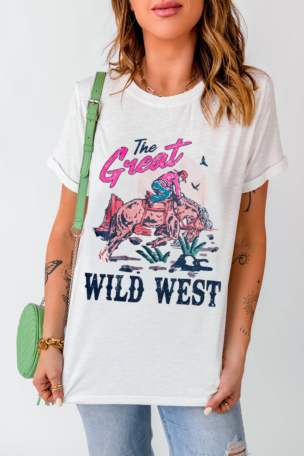 T-shirt blanc à col rond avec imprimé « The Great WILD WEST Rodeo »