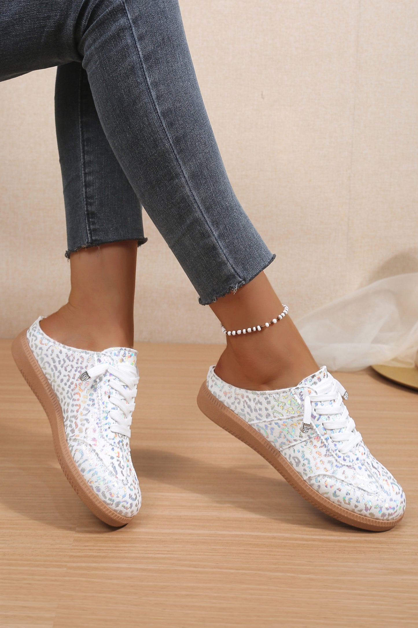 White Shiny Leopard Print Lace up Slip On Shoes