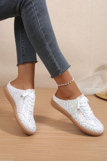 White Shiny Leopard Print Lace up Slip On Shoes