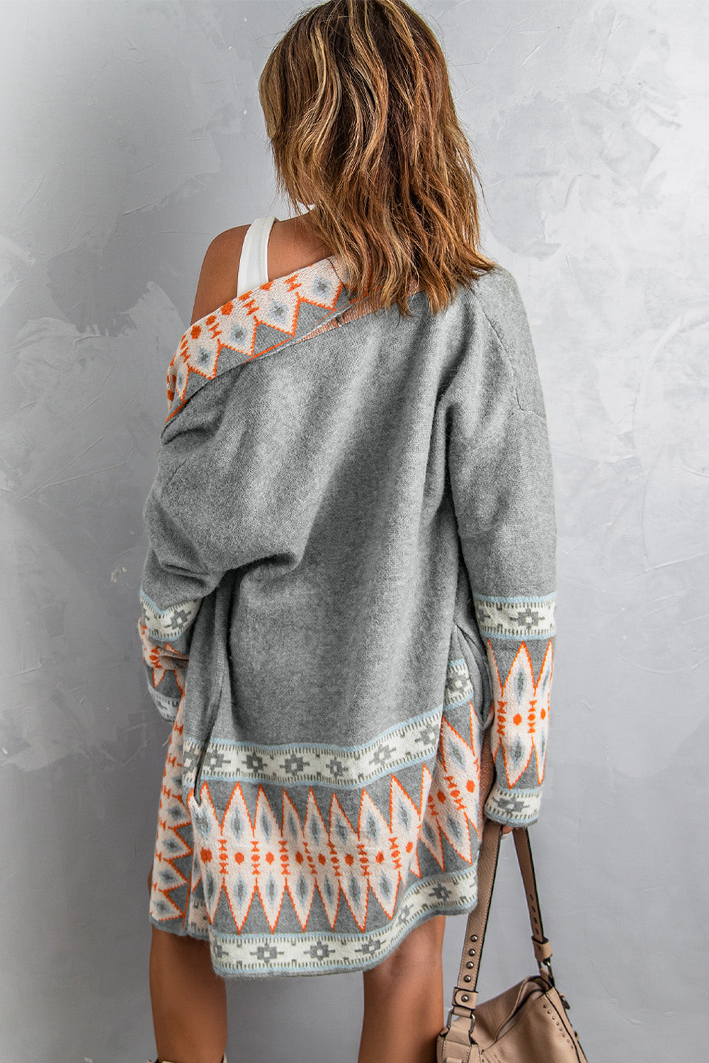 Cardigan ouvert en maille à imprimé aztèque gris 