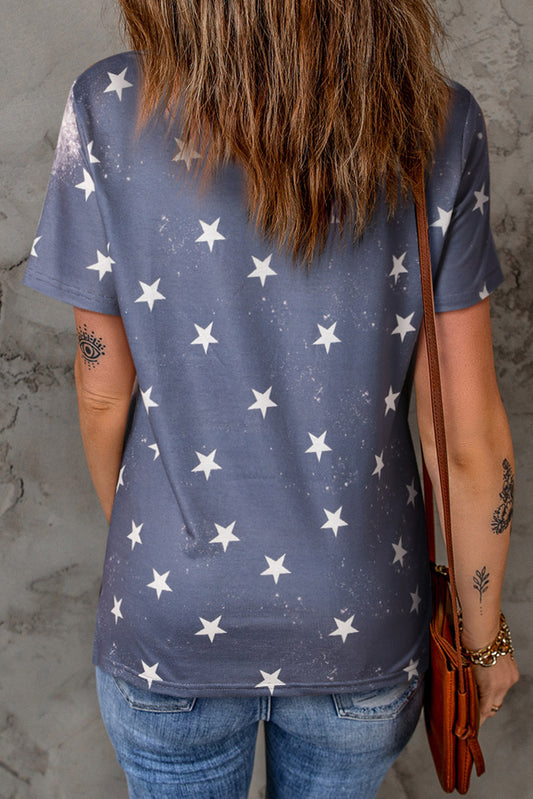 Blue Tie Dye Star Sequin American Flag Graphic T Shirt
