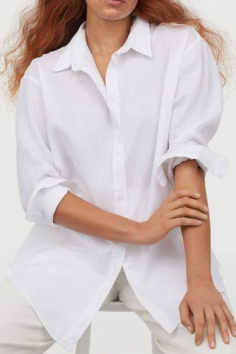 Chemise boutonnée blanche texturée en lin grande taille 