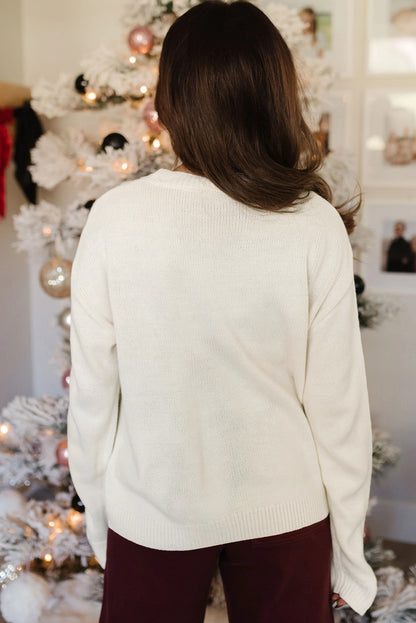 White Sequined Bow Graphic Christmas Holiday Sweater