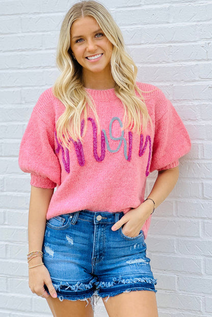 Pull à manches courtes avec paillettes sur le devant Bonbon Mom