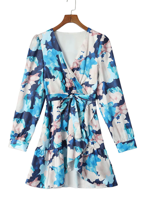 Abstract Floral Long Sleeve Tied Ruffle Dress