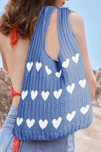 Blue Heart Pattern Knit Large Shoulder Bag