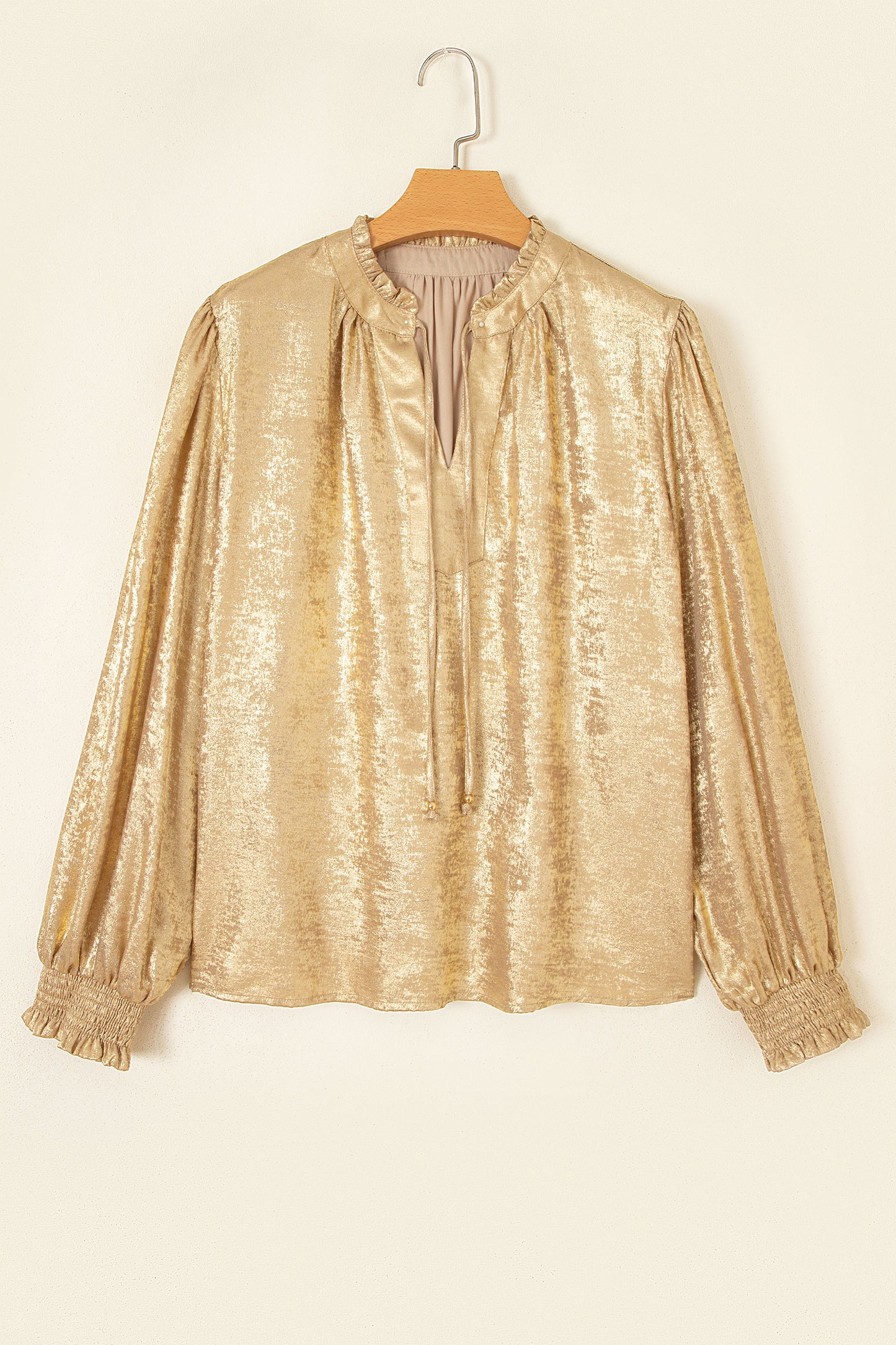 Gold Metallic Sheen V Neck Gathered Cuff Long Sleeve Blouse