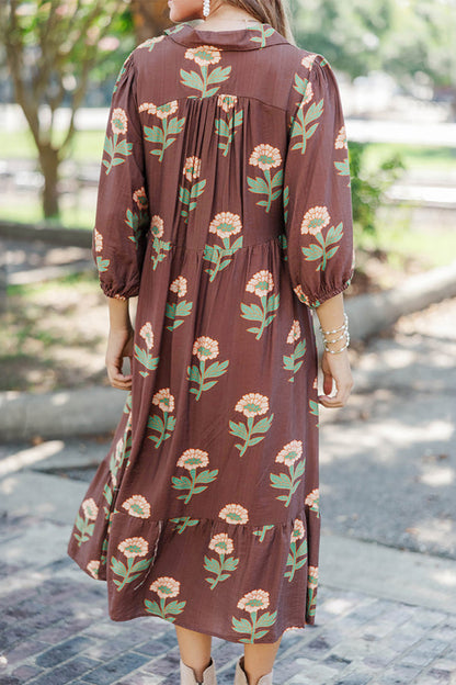 Brown Floral Print V-Neck Long Sleeve Loose Shift Plus Size Dress
