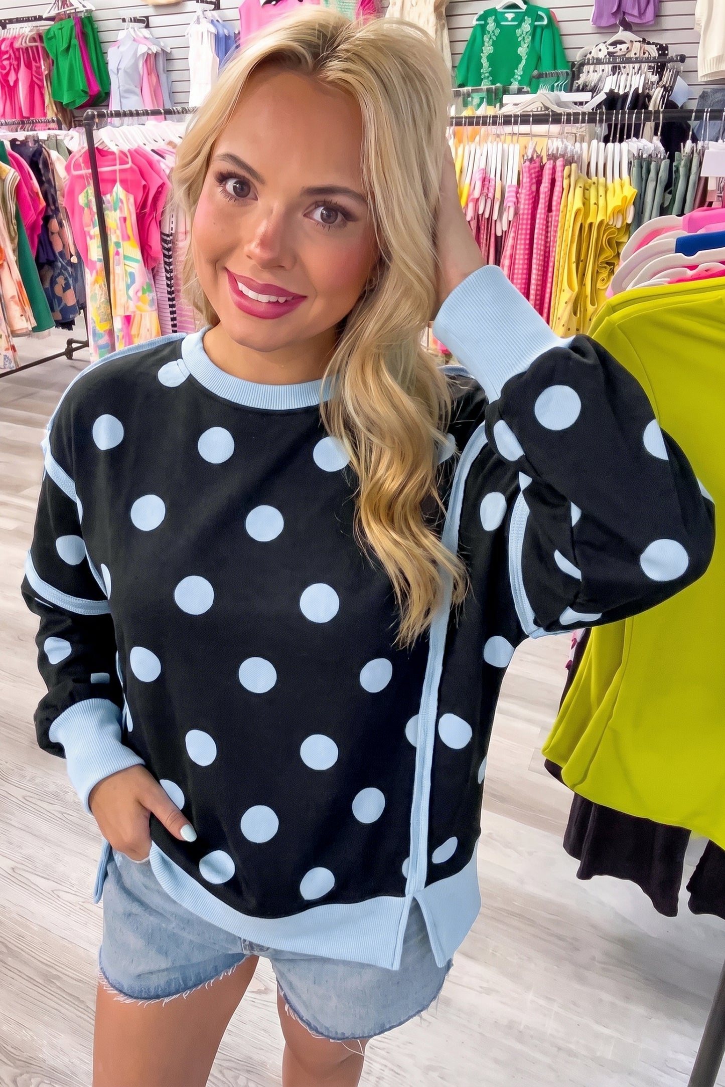 Black Polka Dot Contrast Patchwork Round Neck Baggy Sweatshirt