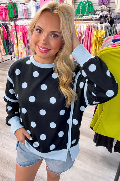 Black Polka Dot Contrast Patchwork Round Neck Baggy Sweatshirt