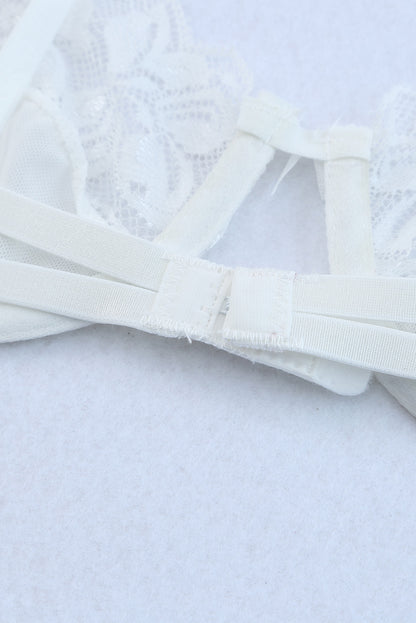 3 piezas set de lencería de malla de encaje con liguero de plumas 