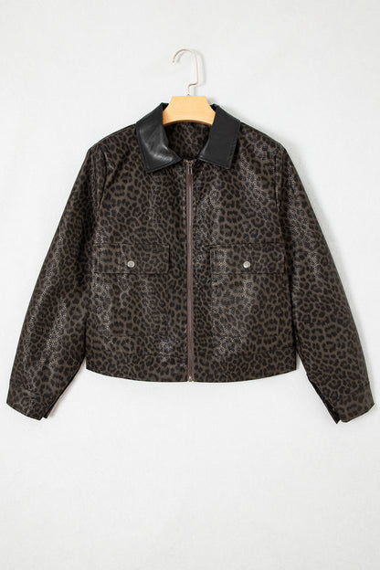 Multicolour Leopard Print Colorblock Collar Metal Placket Jacket