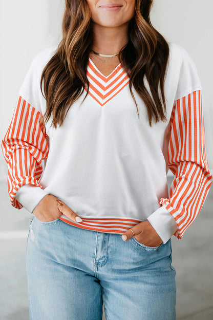 Orange Stripe  V Neck Drop Shoulder Patchwork Long Sleeve Top
