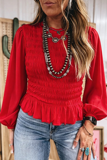 Racing Red Solid Color Smocked Ruffle Hem Long Sleeve Blouse
