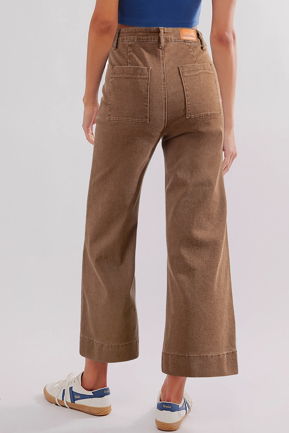 Brown Flap Pockets Front Straight Cropped Jeans