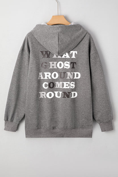 Dark Grey Cute Halloween Ghost Print Mineral Wash Oversize Hoodie