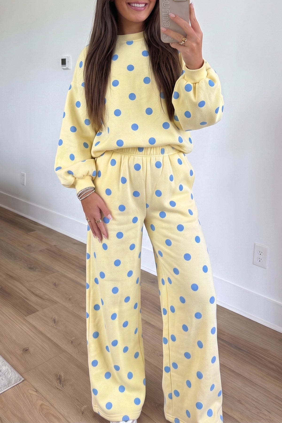 Yellow Polka Dot Puff Sleeve Top Casual Pants 2pcs Set