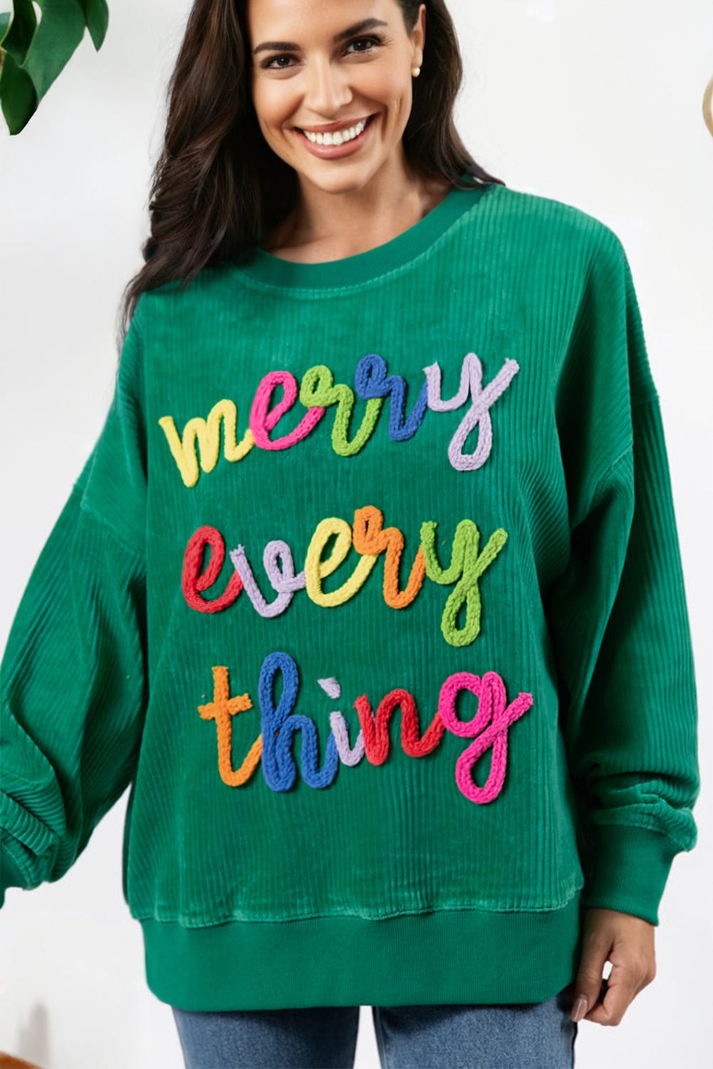 Dark Green merry little thing Corded Letter Graphic Ribbed Loose Sweatshirt