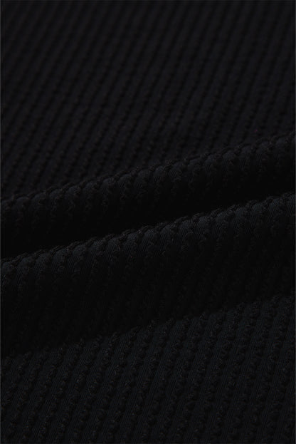 Black Ribbed Knit Buttoned Collared Roll Tab Sleeve Plus Size Mini Dress