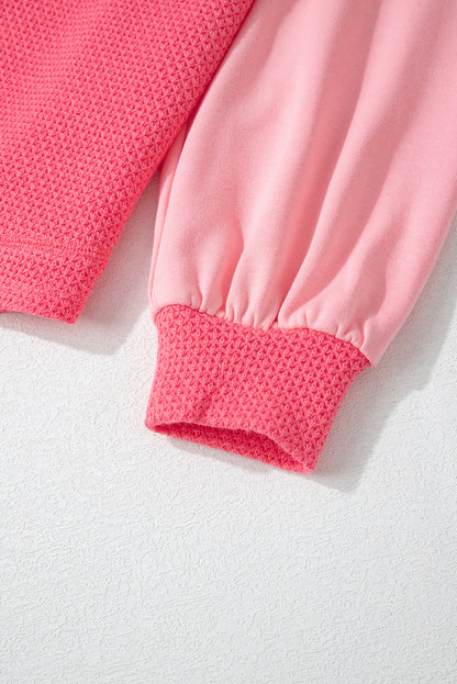 Veste-chemise ample boutonnée en tricot gaufré contrasté bicolore à motif fleur de pêcher