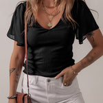 Black Mesh Ruffled Sleeve Slim Fit V Neck Top