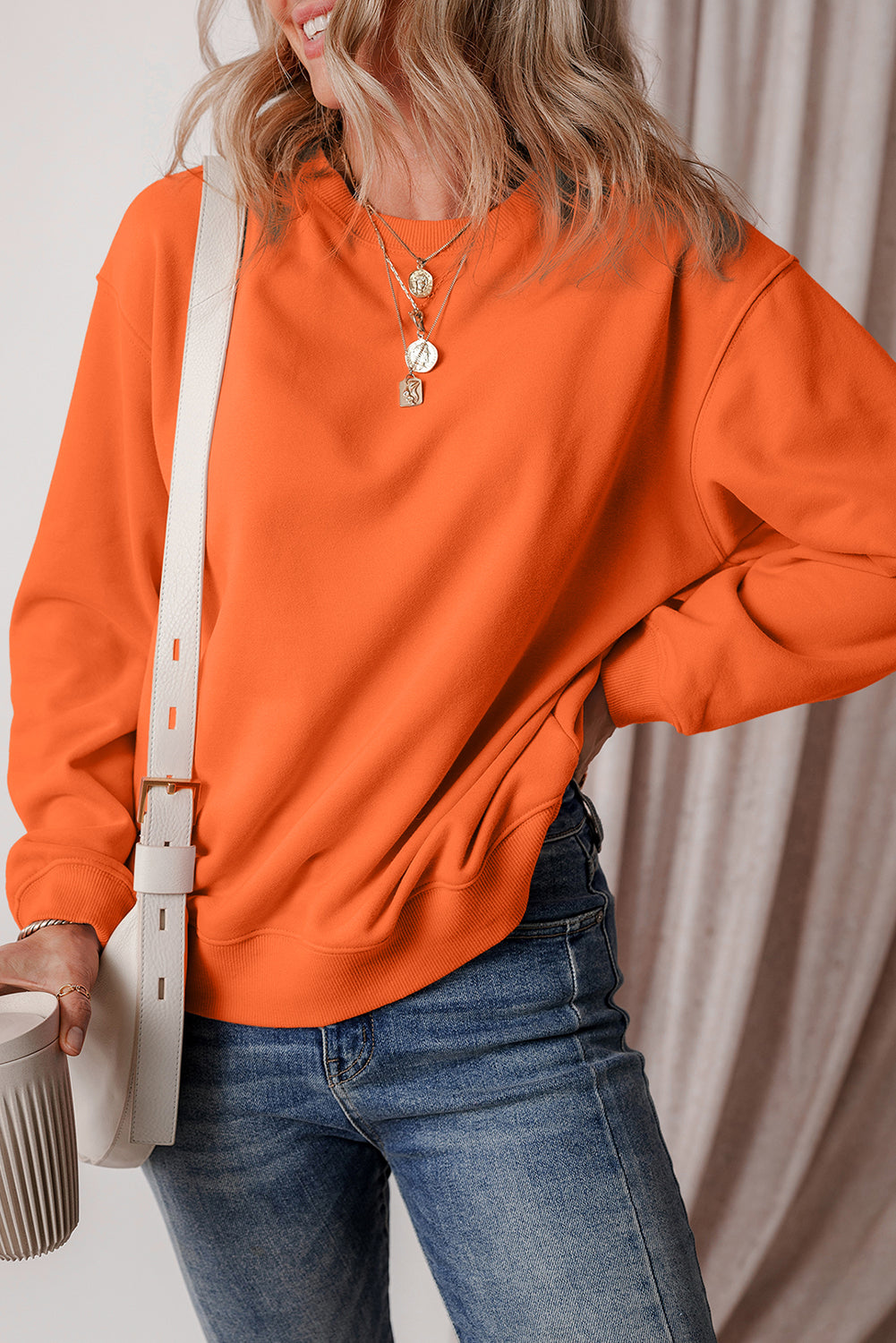 Sweat-shirt en tissu éponge orange roux uni doublé en polaire à épaules tombantes