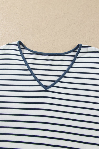 Blue Stripe V Neck Ruffle Contrast Sleeve Top Drawstring Pants 2pcs Set