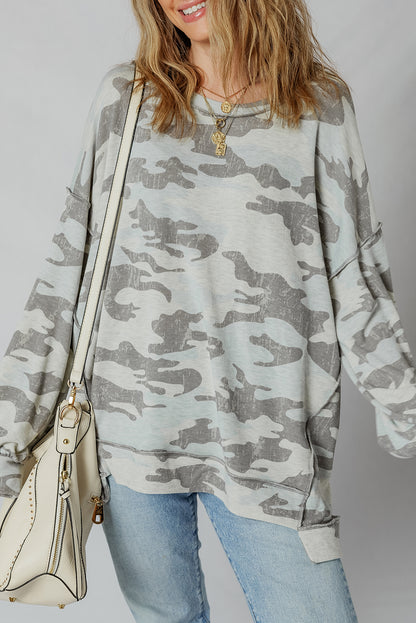 Multicolour Retro Camouflage Print Exposed Seam Patchwork Drop Shoulder Sweatshirt