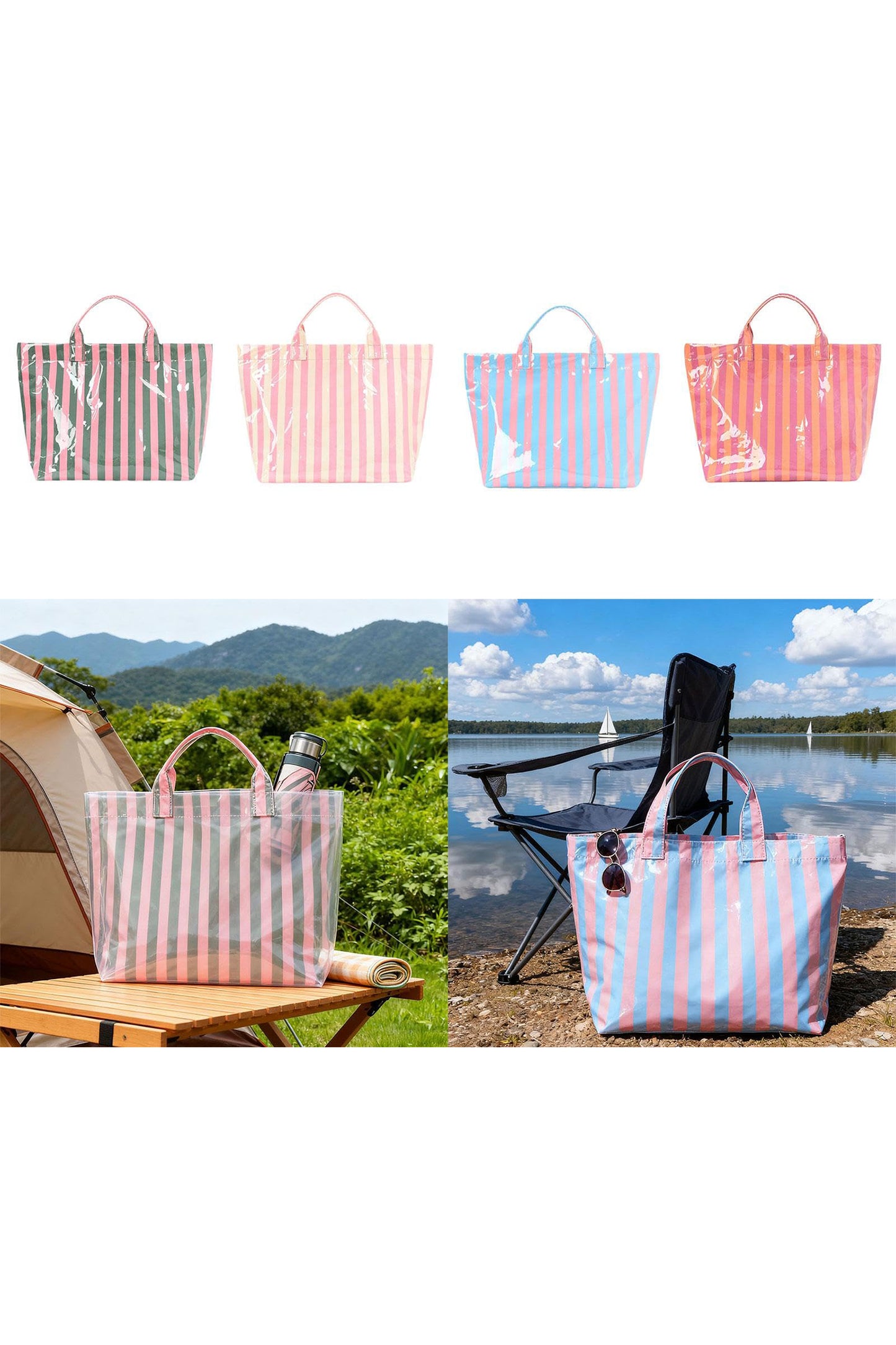 Rose Red Glossy Striped Vinyl Large Tote Bag (Color Varied)