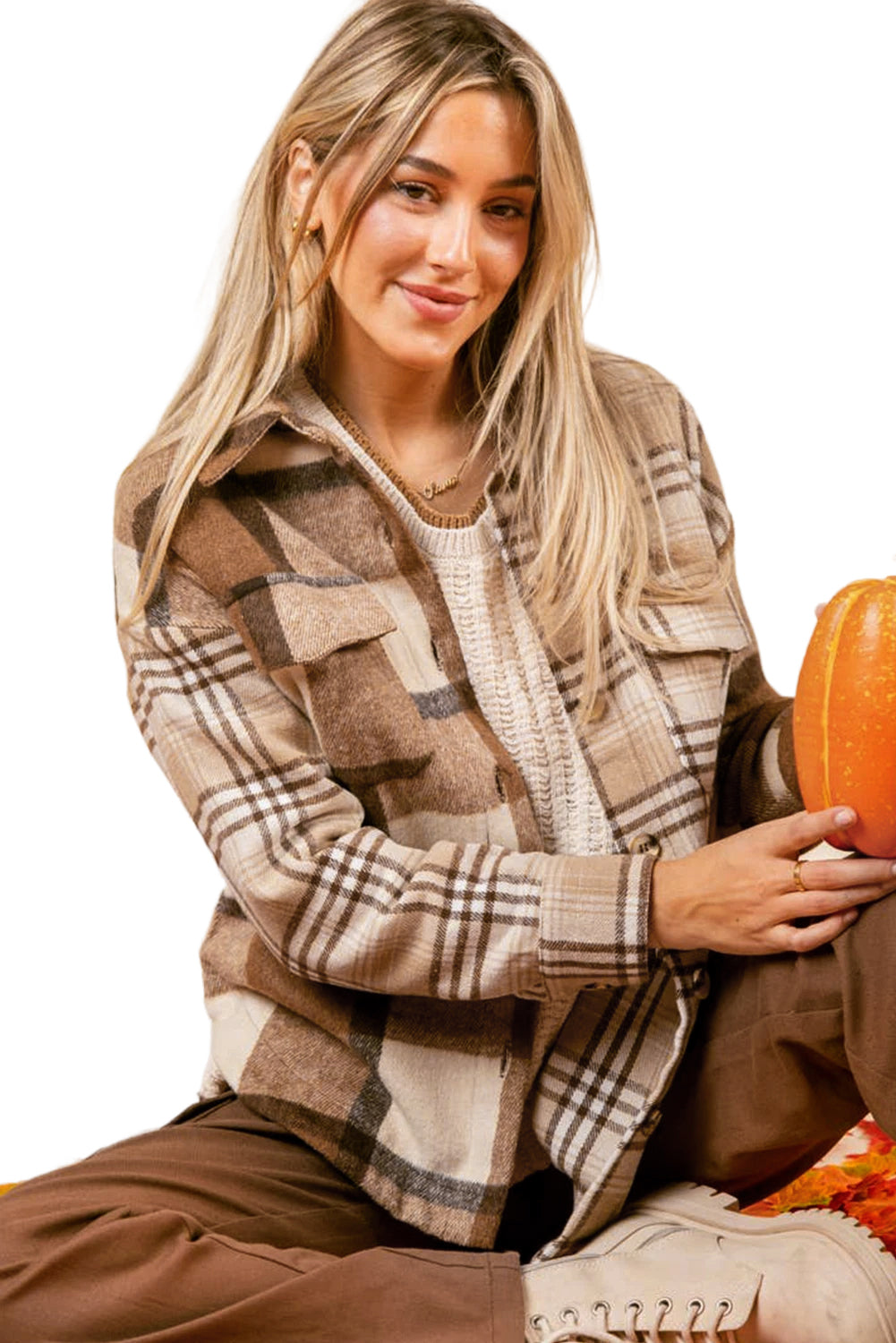 Veste-chemise à double rabat en flanelle beige clair à carreaux