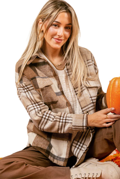 Veste-chemise à double rabat en flanelle beige clair à carreaux