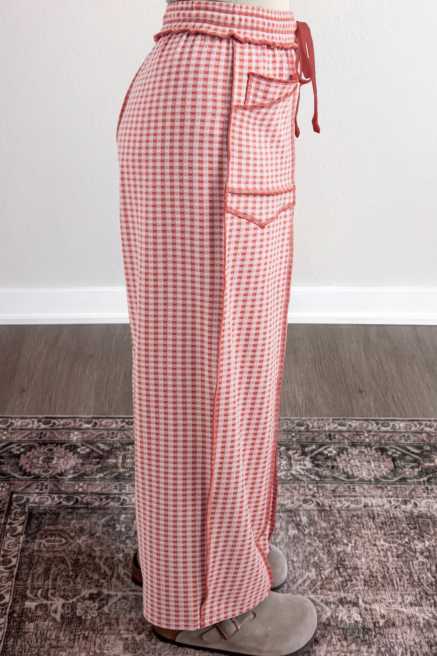 Red Plaid Contrast Trim Drawstring Elastic Waist Shift Pants