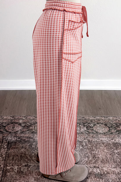 Red Plaid Contrast Trim Drawstring Elastic Waist Shift Pants